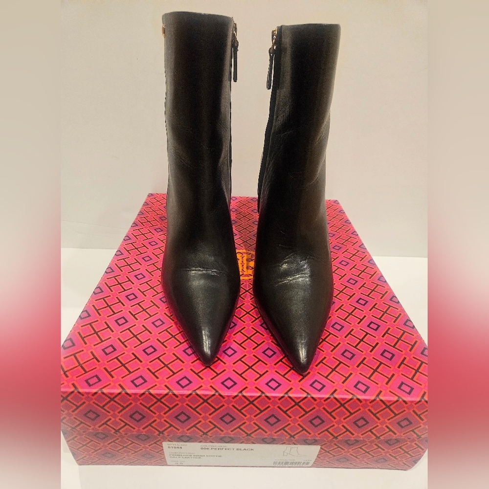 Tory Burch Black Penelope Pointed-Toe Calf Leather Ankle Booties 9.5 - Picture 2 of 9